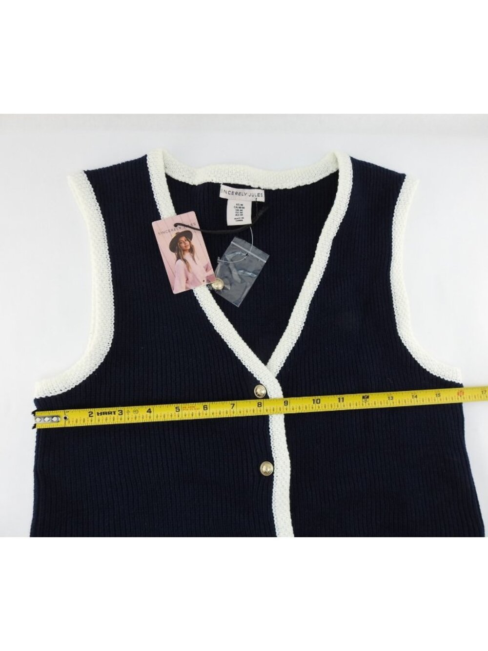 Sincerely Jules Womens Knit Sweater Vest Navy White Trim Button Front Preppy NWT - Picture 6 of 7